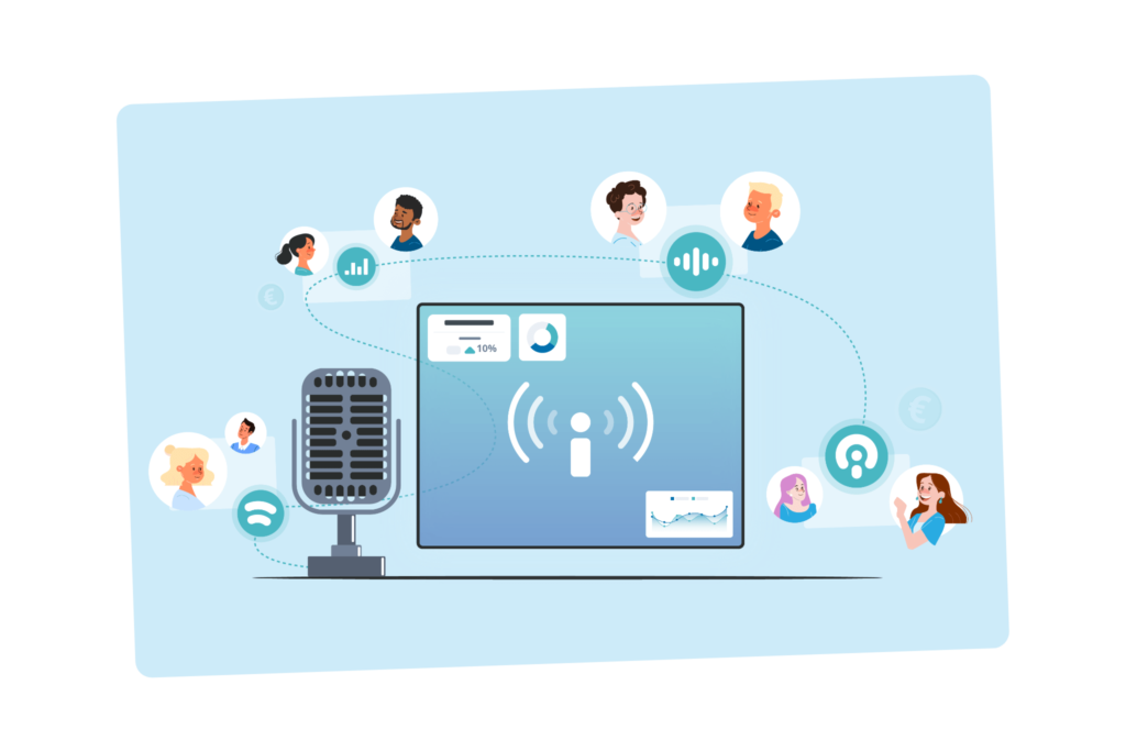 Illustration der Plattform für Podcast-Hosting und Podcast-Vermarktung mit einem Verlauf von der Produktion bis zur Veröffentlichung.